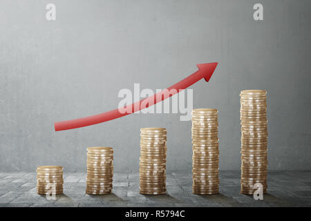 Coin stack with red arrow chart rise Stock Photo