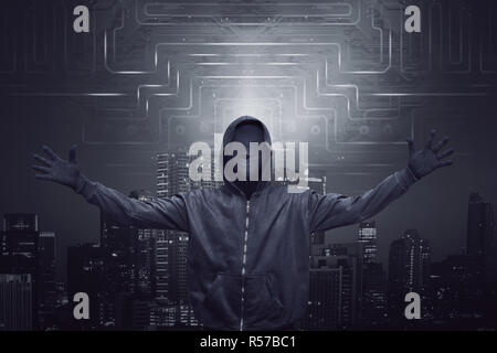 Expression hooded man wearing mask with open arm Stock Photo