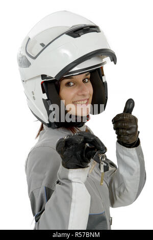 young woman showing proudly her new motorcycle license on white Stock Photo