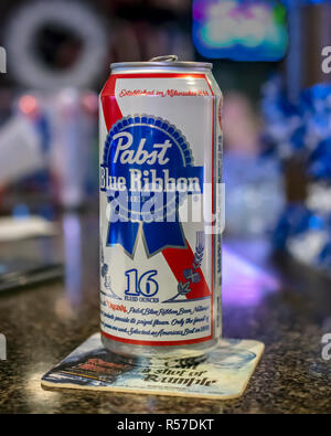 12 oz Pabst Blue Ribbon Beer Can on Bar Stock Photo