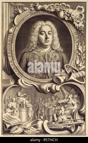 G.F. Handel. Israel in Egypt. Randall; London, 1771. G.F. Handel (1685-1759). Portrait, inscribed with title. (Gouache on mica).  Image taken from Israel in Egypt.  Originally published/produced in Randall; London, 1771. . Source: R.M.7.f.10, frontispiece. Language: English. Author: Georg Friedrich Haendel. Houbraken, Jacob. Stock Photo