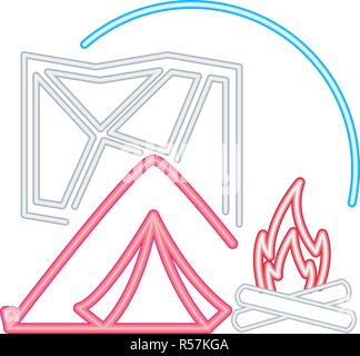 tent bonfire and map camping neon  vector illustration Stock Vector