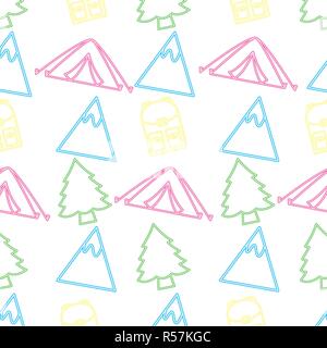 camping tent backpack tree mountain background vector illustration Stock Vector