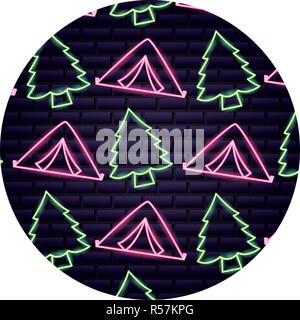 tent and pine tree neon camping pattern vector illustration Stock Vector
