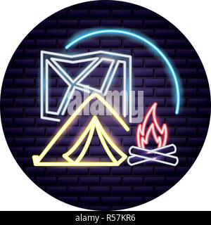 tent bonfire and map camping neon vector illustration Stock Vector