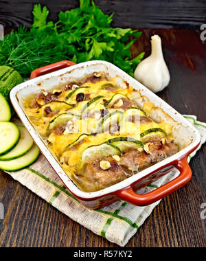 Meatballs with zucchini and nuts in brazier on dark board Stock Photo