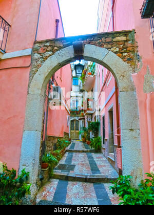 View over the street in Taormina, Sicily, Italy, Europe Stock Photo