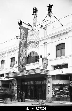 Front of the New Strand Theatre, Liverpool Street, Hobart - advertsing Harold Lloyd in Welcome Danger and All British - 7 Days Leave (1930) - Mandatory Photo Credit: TAHO Stock Photo