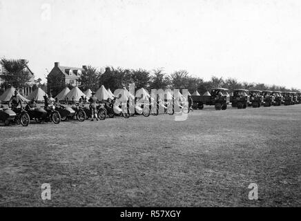 Fleet of motor trucks and motorcycles parked on the grounds at Washington Barracks, D.C ca. 1918-1919 Stock Photo