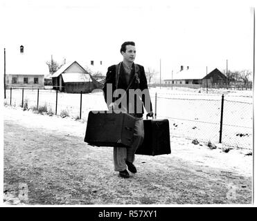 'Sweeney Steps Out.' Sweeney is the star of one of the many instructive and entertaining movie shorts the Linz, Upper Austria American House lends to volunteer operators who display them at rural schools and social centers. Stock Photo