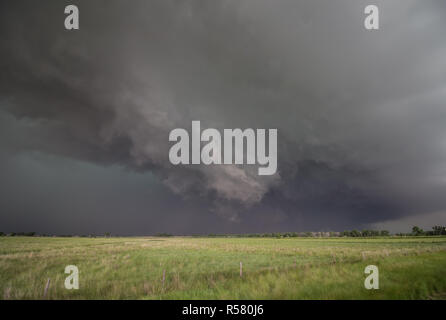A rotating wall cloud hangs ominously under the base of a tornado-warned supercell thunderstorm. Stock Photo