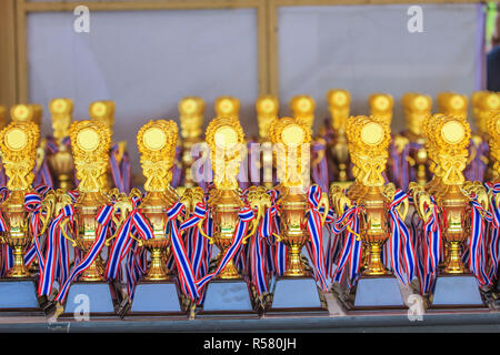 group of trophies on the table Stock Photo