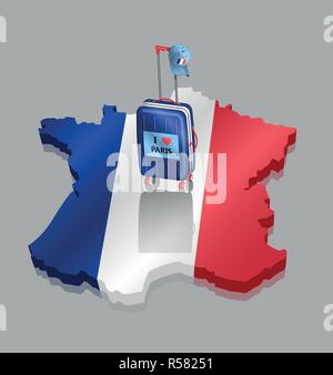 Suitcase with French cap over 3D France map. All the objects are in different layers and the text types do not need any font. Stock Vector