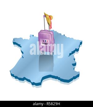 Travel to Paris France over a 3D map with beach hat and wheeled bag. All the objects are in different layers and the text types do not need any font. Stock Vector