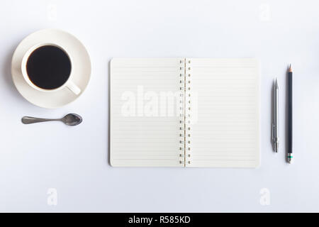White desk office with laptop, smartphone and other work supplies with cup of coffee. Top view with copy space for input the text. Designer workspace  Stock Photo