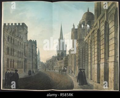 View of the High Street in Oxford; a beggar on the right-hand side with the words 'Nelson Peace' on the pavement in front; a horse and cart in the road; scholars in front of Queen's College on the right; University College on the left . High Street OXFORD. [Oxford] : Published by Wm Delamotte Oxford, Janr 1803. Aquatint and etching with hand-colouring. Source: Maps K.Top.34.23.a. Language: English. Stock Photo