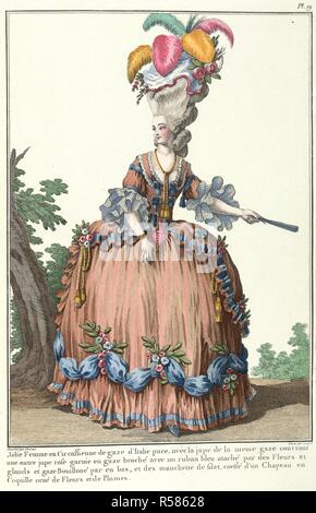 Lady in a Circassian dress. Galerie des modes et costumes francais,  dessines d. Paris, 1911-14. A pretty lady in a Circassian dress of puce  Italian gauze, with a skirt in the same gauze over another pink silk skirt,  ornamented with puffed gauze and blue ...