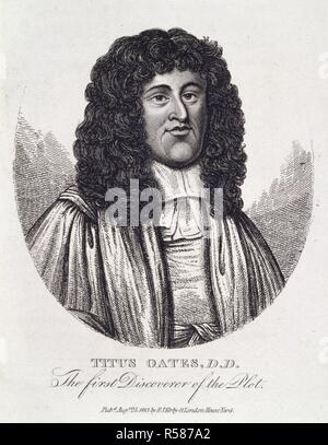 Titus Oates (1649-1705). Portrait. English conspirator. In 1677 he concocted the 'Popish Plot'. Portraits, memoirs, and characters of remarkable persons, from the reign of King Edward the third, to the revolution, etc. London, 1813. Titus Oates, D.D.(1649-1705). English conspirator. In 1677 he concocted the 'Popish Plot'. He was found gulity of perjury and imprisoned for life. He was set free in the Revolution of 1688. Source: C.152.b.9 volume III, opposite 232. Stock Photo