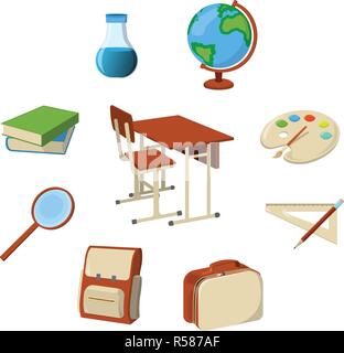 Set of School Supplies Icon and Logo. Isolated design element. Vector Cartoon illustration. Stock Vector