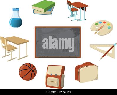 Set of School Supplies Icon and Logo. Isolated design element. Vector Cartoon illustration. Stock Vector
