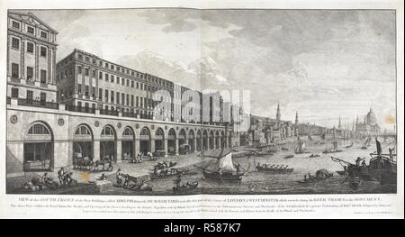 'View of the South Front of the New Buildings called Adelphi, formerly Durham Yard, and also that part of the Cities of London & Westminster which extends along the River Thames to the Monument'. A perspectival view with the Adelphi on the left, men drawing carts through the ground floor arcade and passages to the Strand, loading and unloading boats on the embankment in front; looking along the busy river towards Blackfriars Bridge and St Paul's Cathedral, in the distance to the right. Publish'd according to Act of Parliament 1770. Source: Maps K.Top.22.7.b. Language: English. Stock Photo