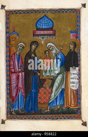 The Presentation of Christ in the Temple. Christ is held by Simeon; the Prophetess Anna holds an open scroll. Psalter of Queen Melisende. E. Mediterranean [Jerusalem]; between 1131 and 1143. Source: Egerton 1139, f.3. Language: Latin. Author: Basilius. Stock Photo