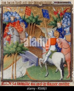 England and France at war. Grandes Chroniques de France. Circa 1415. (Miniature) A battle between King Louis IX of France and King Henry III of England.  Image taken from Grandes Chroniques de France.  Originally published/produced in Circa 1415. . Source: Cotton Nero E. II pt.2, f.40v. Language: French. Author: Workshop of the Boucicaut Master. Stock Photo