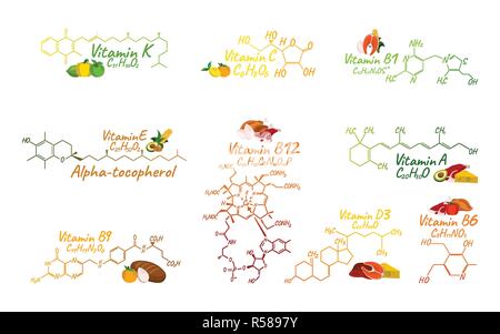 Vitamin Complex with Food B1, B6, B9, B12, K, A, E, C Label and Icon. Chemical Formula and Structure Logo. Vector Illustration. Stock Vector