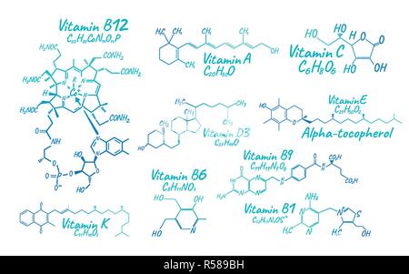 Vitamin Complex B1, B6, B9, B12, K, A, E, C Label and Icon. Chemical Formula and Structure Logo. Vector Illustration. Stock Vector