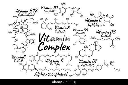 Vitamin Complex B1, B6, B9, B12, K, A, E, C Label and Icon. Chemical Formula and Structure Logo. Vector Illustration. Stock Vector