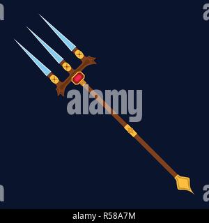 Trident icon. Label of fantasy and medieval weapon. Cartoon style. Vector illustration logo. Stock Vector