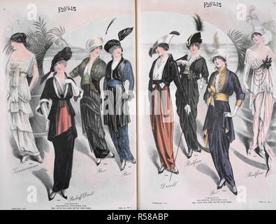 Fashion plate showing women's clothing. Le costume royal. New York, 1914. Source: Le costume royal, volume 18 no.5, pages 20-21, February 1914. Stock Photo