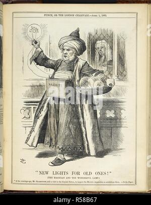 'New lights for old !'. (The magician and the wonderful lamp.) A refrence to William Gladstone visiting the Crystal Palace exhibition. Punch, or the London Charivari. London, April 1, 1882. Source: P.P.5270, page 151. Stock Photo