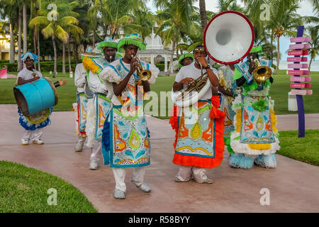 Freeport Bahamas - September 22, 2011: Male dancers dressed in traditional costumes performing at a Junkanoo festival in Freeport, Bahamas Stock Photo