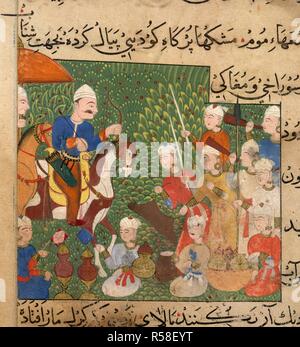 Hunting. The Ni'matnama-i Nasir al-Din Shah. A manuscript o. 1495 - 1505. Sultan Ghiyath al-Din going out hunting with the necessities. Ghiyath Shahi, riding a skewbald horse, possibly arriving at his camp. Landscape of heavy vegetation. Servants with flasks and dishes are in the foreground, fanning water cooling jars. Continuation of hunting instructions. Opaque watercolour. Sultanate style.  Image taken from The Ni'matnama-i Nasir al-Din Shah. A manuscript on Indian cookery and the preparation of sweetmeats, spices etc.  Originally published/produced in 1495 - 1505. . Source: I.O. ISLAMIC 14 Stock Photo