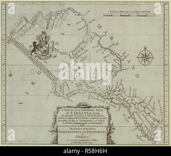 A survey of the Northern neck of Virginia. A SURVEY of the NORTHERN NECK of VIRGINIA, being The LANDS belonging to the R.t Honourable THOMAS LORD FAIRFAX BARON CAMERON, bounded by & within the Bay of Chesapoyocke and between the Rivers Rappahannock and Potowmack: with The Courses of the Rivers RAPPAHANNOCK and POTOWMACK, in VIRGINIA, as surveyed according to Order in the Years 1736 & 1737. [London] : [John Warner], [1747.]. Copperplate engraving. Source: Maps K.Top.122.45.1. Language: English. Stock Photo