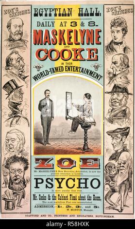 Maskelyne & Cooke's entertainment at the Egyptian Hall, 1878 ? Egyptian Hall. Daily at 3 & 8. 'Maskelyne and Cooke in their world-famed entertainment. Zoe. Mr. Maskelyne's new sketching automaton, is now the greatest attraction in London. Psycho is more popular than ever. Mr. Cooke & the cabinet float about the room, the most marvellous feat ever accomplished'. Zoe's sketches are represented on the left and right hand side borders.  . A collection of pamphlets, handbills, and miscellaneous printed matter relating to Victorian entertainment and everyday life. Stafford and Co., Printers and Engr Stock Photo