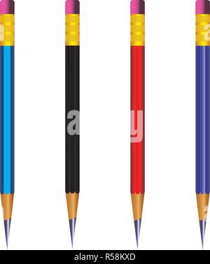 Vector of lead sharp pencil with eraser on white background with realistic 3D wooden four pencils with eraser on white background.Vector illustration Stock Vector