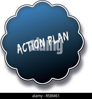 ACTION PLAN text written on blue round label badge. Stock Photo