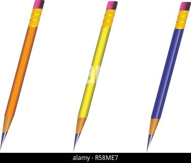 Vector of lead sharp pencil with eraser on white background with realistic 3D wooden four pencils with eraser on white background.Vector illustration Stock Vector