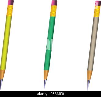 Vector of lead sharp pencil with eraser on white background with realistic 3D wooden four pencils with eraser on white background.Vector illustration Stock Vector