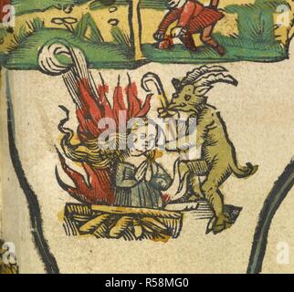 Ancient depiction of a suttee. A horned figure standing by a woman burning on a pyre. . Claudii Ptolemaei ... opus GeographieÌ¨ [translated by J. Angelius] ... [Strassburg] : Joannes Grieninger civis ArgentoratenÌƒ, 1522. Source: Maps.C.1.d.11. Author: Ptolemy. Stock Photo