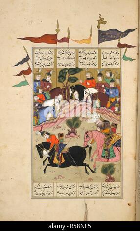 Rustam catching a horse. Shahnama. Isfahan, Iran, 1630-1640. Rustam catching the horse of Chingish by the tail. Pale green ground, gold sky. The eyes of the two principal figures have been touched up, and the page has been torn and repaired.  Image taken from Shahnama.  Originally published/produced in Isfahan, Iran, 1630-1640. . Source: I.O. ISLAMIC 1256, f.189. Language: Persian. Stock Photo
