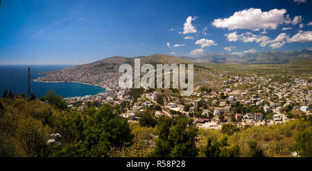 Aerial Panoramic view to Saranda city and bay of Ionian sea from Lekuresi Castle in Albania Stock Photo