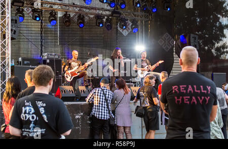 Jekabpils, Latvia - August 4, 2018: Italian metal band Egosystema performing at Metalshow Open Air festival in Latvia. Stock Photo