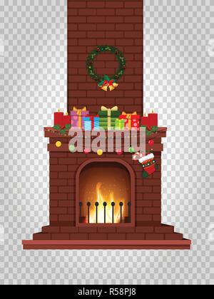 Cartoon decorated burning fireplace with many presents, wreath and candles isolated on transparent background. Vector christmas or new year illustrati Stock Vector