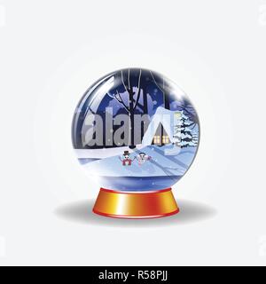Christmas, new year crystal snow globe of winter snowy night landscape with little house and cute snowmen isolated on white background. Vector illustr Stock Vector