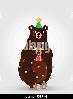 Vector illustration of cute cartoon bear character in funny hat and garland lights holding festive gift box isolated on white background. Christmas, n Stock Vector