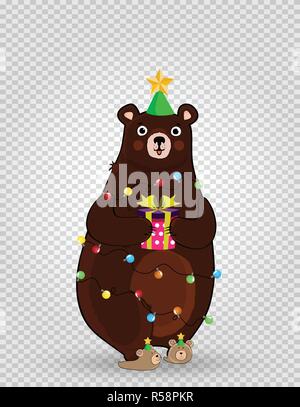 Vector illustration of cute cartoon bear character in funny hat and garland lights holding festive gift box isolated on transparent background. Christ Stock Vector