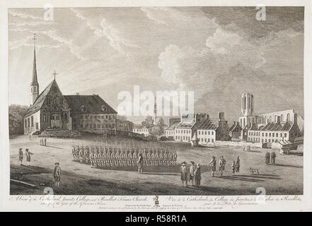 Soldiers and figures in a square in front of Quebec Cathedral; the Jesuits College and Recollect Friars Church to the right. A View of the Cathedral, Jesuits College, and Recollect Friars Church, taken from the Gate of the Governors House. [London] : Published according to Act of Parliament by R. Short & Sold by T. Jefferys the Corner of St Martins Lane, Charing Cross., Sepr 1 1761. Etching and engraving. Source: Maps K.Top.119.39.a.2. Language: English and French. Author: Short, Richard. Stock Photo